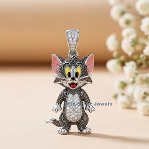 Silver Cartoon Style Pendant, Iced Out Diamond Dangled Pendant, Tom Style Charm Jewelry, Black And Round Cut Hip Hop Pendant, 925 Silver