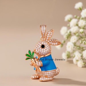 Silver Cartoon Character Pendant,  Peter Rabbit Style Pendant, Colored Enameled Jewelry, Round Cut Moissanite Pendant, Gold Plated Silver