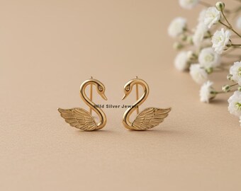 Tiny Swan Bird Ear Wire Studs, Vintage Style Bird Earrings, Bird Inspired Minimalist Studs, Birdie Flat Earrings, Gold Plated Silver Earring
