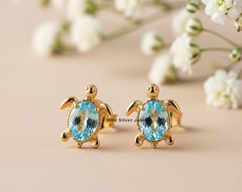 Turtle Solitaire Silver Earrings, Dainty Turtle Stud Earrings, Oval Cut Diamond Stud Earrings, Tortoise Lover Gold Plated Silver Earrings