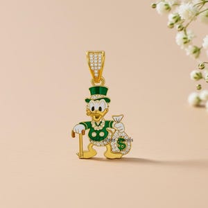 Silver Cartoon Character Pendant, Multi Colored Enameled Jewelry, Moissanite Diamond Pendant, Round Cut Diamond Pendant, Gold Plated Silver