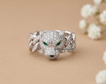 Cuban Link Panther Ring, Pave Diamond Panther Head Ring, Vintage Style Animal Inspire Ring, Green Eye Panther Ring,Bold Hip Hop Jewelry Gift