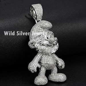 Silver Men&#39;s Moissanite Pendant, Iced Out Diamond Pendant, Dangled Pendant, Round Cut Hip Hop Pendant, Cartoon Style Pendant