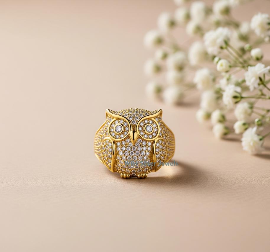 Owl Silver Ring, Iced Out Pave Set Owl Lover Bird Inspired Ring, Round Cut Diamond Cocktail Ring, Ow