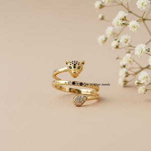Panther Face Spiral Ring, Vintage Style Animal Inspired Ring, Leopard Ring, Diamond Panther Ring, Wild Cat Animal Ring, Gold Plated Silver