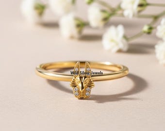 Dainty Ancient Egyptian Anubis Ring, Round Cut Diamond Ring, Minimalist Jackal-headed God of Egypt Ring, Mythology Ring, Gold Plated Silver