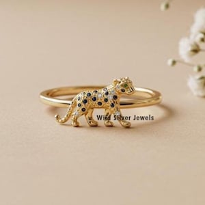 Panther Ring, Vintage Style Animal Inspired Ring, Leopard Ring, Sapphire & Diamond Panther Ring, Wild Cat Animal Ring, Gold Plated Silver