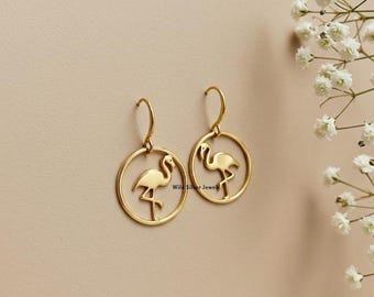 Flamingo Silver Hoop Earring, Pink Flamingo Earring, Delicate Flamingo Earrings, Bird Inspired Dangled Ear Wired Earring, Gold Plated Silver