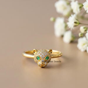 Panther Face Ring, Vintage Animal Inspired Ring, Emerald Eye Leopard Ring, Diamond Panther Ring, Wild Cat Animal Ring, Gold Plated Silver
