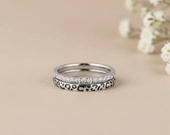 Leopard Print Silver Ring Set, Vintage Enameled Animal Inspire Delicate Band, Full Eternity Diamond Matching Band, Stackable 925 Silver Band