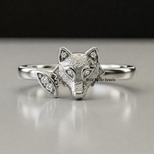Fox Silver Ring, Dainty Fox Animal Lover Gift Ring, Fox Head & Tail Round Cut Diamond Ring, Perfect Animal Inspired Jewelry, 925 Silver Ring