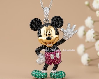 Custom Cartoon Mickey Mouse Silver Necklace, Cartoon Inspired Iced Out Hip Hop Necklace, Personalize Hip Hop Jewelry, Gold Plated Silver