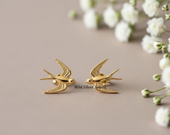 Tiny Swallow Bird Studs, Dainty No Diamond Studs, Bird Inspired Minimalist Studs, Birdie Flat Earrings, Swallow Bird Gold Plated Silver Stud