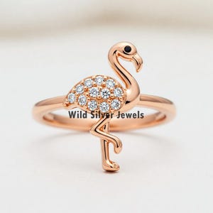 Flamingo Silver Ring, Pink Flamingo Ring, Round Cut Diamond Ring, Bird Cocktail Ring, Statement Ring, Bird Inspired Ring, Gold Plated Ring