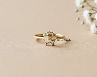 Tiny Sheep Silver Ring, Flat Enameled Sheep Inspired Ring, Cute Dainty Young Lamb Ring, Mammal Inspired Ring, Gold Plated Silver Ring