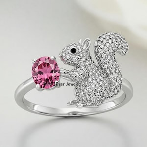 Squirrel & Diamond Silver Ring, Nature Inspired Vintage Pave Squirrel Ring, Handmade Cute Dainty Pink Ruby Oval Cut Ring, 925 Silver Ring