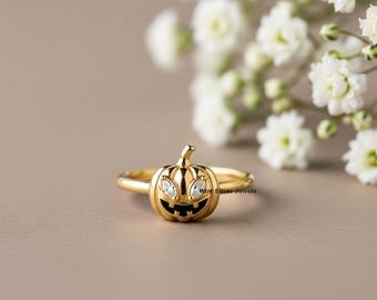 Tiny Pumpkin Silver Ring, Jack-o-Lantern Flat Two Stone Pumpkin Ring, Cute Dainty Halloween Jewelry, Gold Plated Silver Ring, Spooky Jewelry