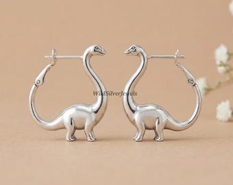 Dinosaur Silver Hoop Earrings, Vintage Brontosaurus Inspired Earrings, Cute Dino Jewelry For Women, Minimalist Silver Earrings, 925 Silver