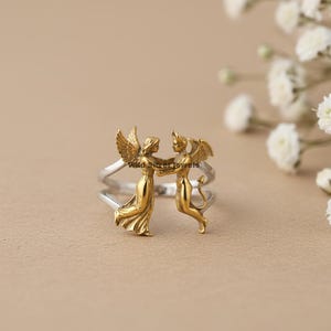 Circa 1920 Angel And Devil Silver Ring, Cherub Ring, Retro Vintage Style Guardian Cherub Ring, Split Shank Angel Ring, Two Tone Silver Ring