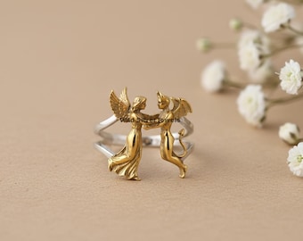 Circa 1920 Angel And Devil Silver Ring, Cherub Ring, Retro Vintage Style Guardian Cherub Ring, Split Shank Angel Ring, Two Tone Silver Ring