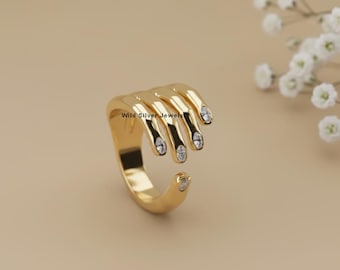 Holding Hand Silver Ring, Open Cuff Adjustable Hand Ring, Wrap Around Five Stone Diamond Ring, Oval Cut Diamond Ring, Gold Plated Silver
