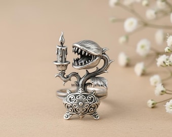 Venus Flytrap Silver Ring, Gothic Flytrap Plant Ring, Horror Botanical Carnivorous Flower Jewelry, Fantasy Statement Ring, 925 Silver Ring