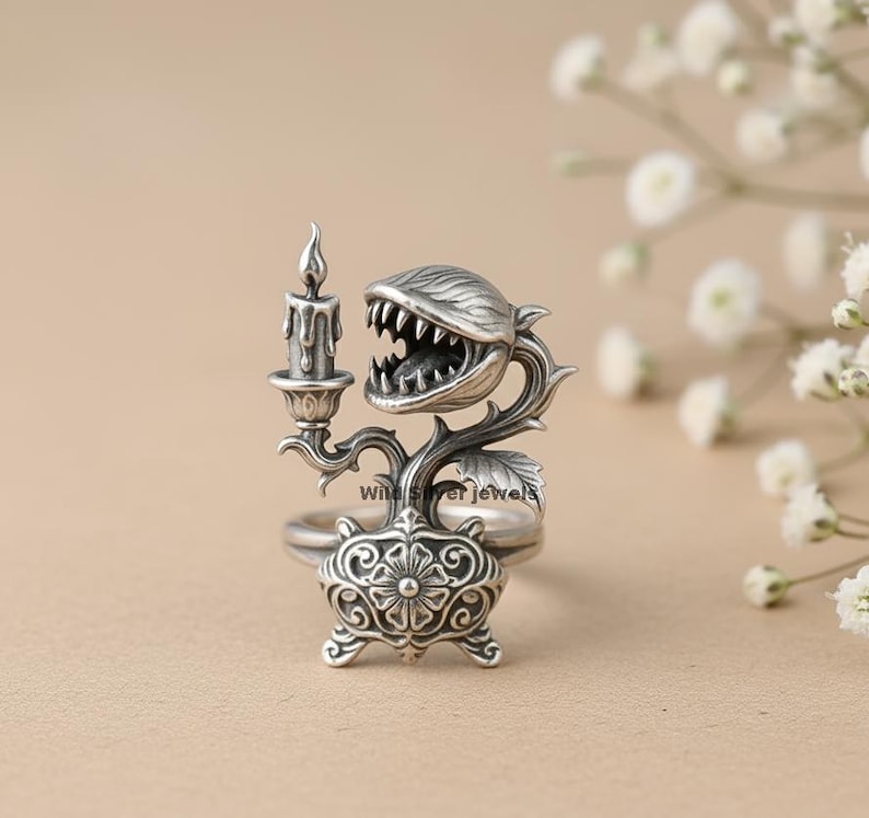 Venus Flytrap Silver Ring, Gothic Flytrap Plant Ring, Horror Botanical Carnivorous Flower Jewelry, Fantasy Statement Ring, 925 Silver Ring