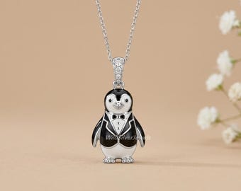 Silver Penguin Necklace, Flat Penguin Lover Bird Inspire Necklace, Round Cut Diamond Bezel Eye Necklace,Enameled Penguin 925 Silver Necklace