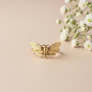Tiny Butterfly Moth Silver Ring, Insect Inspired Jewelry, Butterfly Wings Ring, Luna Moth Ring, Butterfly Ring, Two Stone Gold Plated Silver