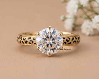 Solitaire Diamond Ring, Vintage Enameled Animal Inspire Delicate Band, Leopard Print Band Ring, Round Cut Diamond Ring, Gold Plated Silver