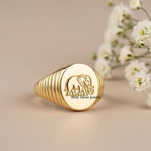 Cute Elephant Silver Signet Ring, Engraved Elephant Ring, Elephant Jewelry, Elephant Stackable Ring, Animal Lover Ring, Gold Plated Silver