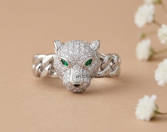 Panther Head Diamond Silver Ring, Vintage Style Animal Inspired Cuban Linked Chain Ring, Green Eye Panther Ring,Luxury Animal Statement Ring