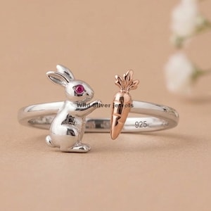 Bunny Rabbit Silver Ring, Open Cuff Bunny And Carrot Ring, Pink Ruby Round Cut Diamond Ring, Tiny Bunny Ring,Adjustable Two Tone Silver Ring