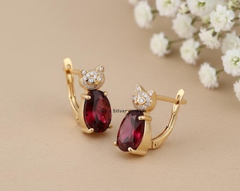 Cat Silver Earrings, Red Ruby Oval Cut Diamond Earring, Pet Lover Leverback Style Earring, Animal Inspired Earring, Gold Plated Silver
