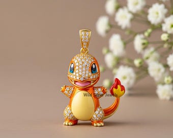 Silver Cartoon Style Pendant, Iced Out Moissanite Diamond Pendant, Round Cut Hip Hop Pendant, Colored Enameled Jewelry, Gold Plated Silver