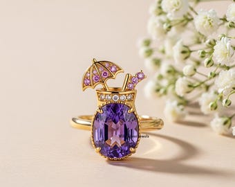 Blue Berry Inspired Cocktail Ring, Purple Amethyst Oval Cut Diamond Ring, Umbrella And Straw Ring, Cocktail Glass Ring, Gold Plated Silver