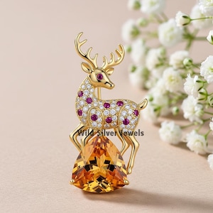 Deer Brooch Silver Brooch Pin, Vintage Art Deco Stag Brooch, Sitting On Diamond Brooch, Ruby And Citrine Diamond Brooch, Gold Plate Silver