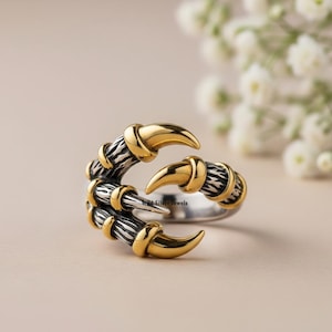Könnte beinhalten: Ein silberner Ring mit einem Krallendesign. Der Ring hat goldfarbene Akzente an den Krallenspitzen und -bändern. Die Krallen haben ein strukturiertes Muster. Der Ring ist vor einem weichen, neutralen Hintergrund platziert.