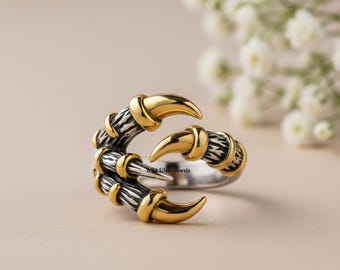 Raven Claw Wrap Ring, Bird Of Prey's Talon, Edgy Claw Shaped Ring, Art Deco Vintage Style Nevermore Raven Holding Ring, Two Tone Silver Ring