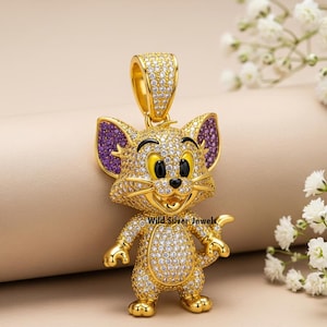 Silver Cartoon Style Pendant, Iced Out Diamond Dangled Pendant, Jerry Style Charm Jewelry, Round Cut Hip Hop Pendant, Gold Plated Silver