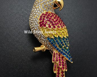 Parrot Silver Brooch, Circa 1980s Diamond Brooch, Round Cut Diamond Brooch, Pink Ruby & Sapphire Bird Inspired Pin,Gold Plated Silver Brooch