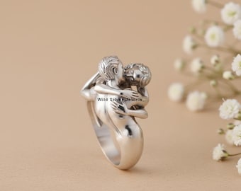 Adam & Eve Couple Ring, Lovers Kissing Couple Silver Ring, Two Lovers Hugging Ring, Vintage Style Unisex Gothic Jewelry, 925 Silver Ring