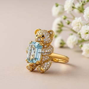 Bear Silver Ring, Aquamarine Emerald With Polar Bear Ring, Pave Set Diamond Ring, Round Cut Diamond Cocktail Bear Ring, Gold Plated Silver