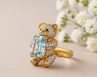 Bear Silver Ring, Aquamarine Emerald With Polar Bear Ring, Pave Set Diamond Ring, Round Cut Diamond Cocktail Bear Ring, Gold Plated Silver