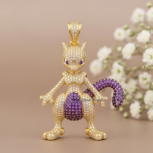 Silver Cartoon Style Pendant, Iced Out Diamond Dangled Pendant, Amethyst Diamond Jewelry, Round Cut Hip Hop Pendant, Gold Plated Silver