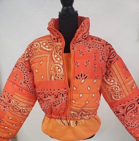 Womens Winter Coat. Bandana Print Women s Puffer Coat. Paisley Print Coat in Blue or Orange. Etsy