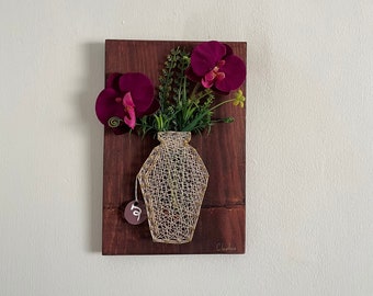 Home Decor I String Art I Handmade I Minimalistic Flower Vase I 8" x 12" I Purple Flowers