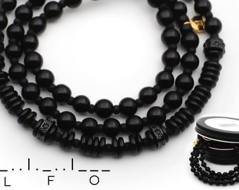 Collier code Morse, bijoux en pierre noire et zircone cubique