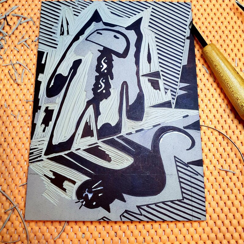 UNFRAMED- 18 x 13 cm image LIMITED EDITION I think I am a cat Cat linocut Print in yellow