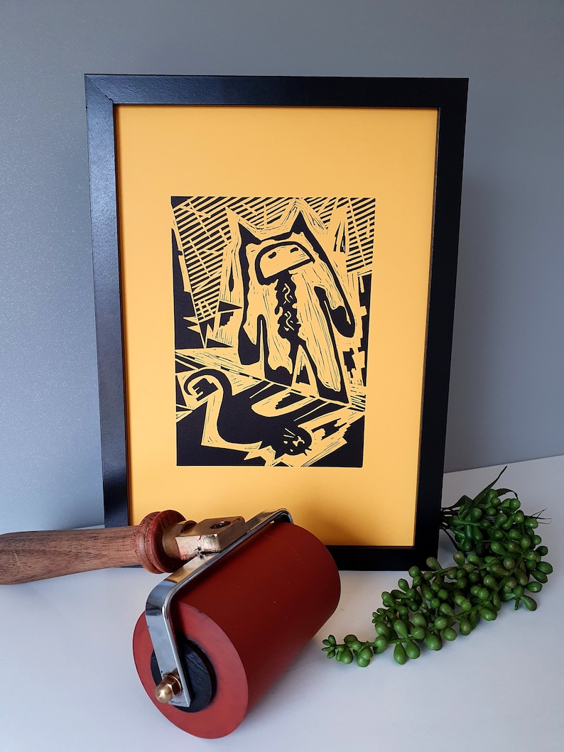 UNFRAMED- 18 x 13 cm image LIMITED EDITION I think I am a cat Cat linocut Print in yellow